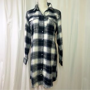 EUC Old Navy L/S Western Mini-dress Blue Plaid Flannel Pearl Snap Button Med